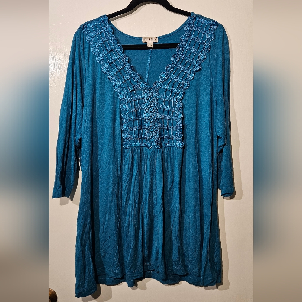 Live and Let Live Loose Fitting Women's 3/4 Sleeve Teal Tunic Top 2x